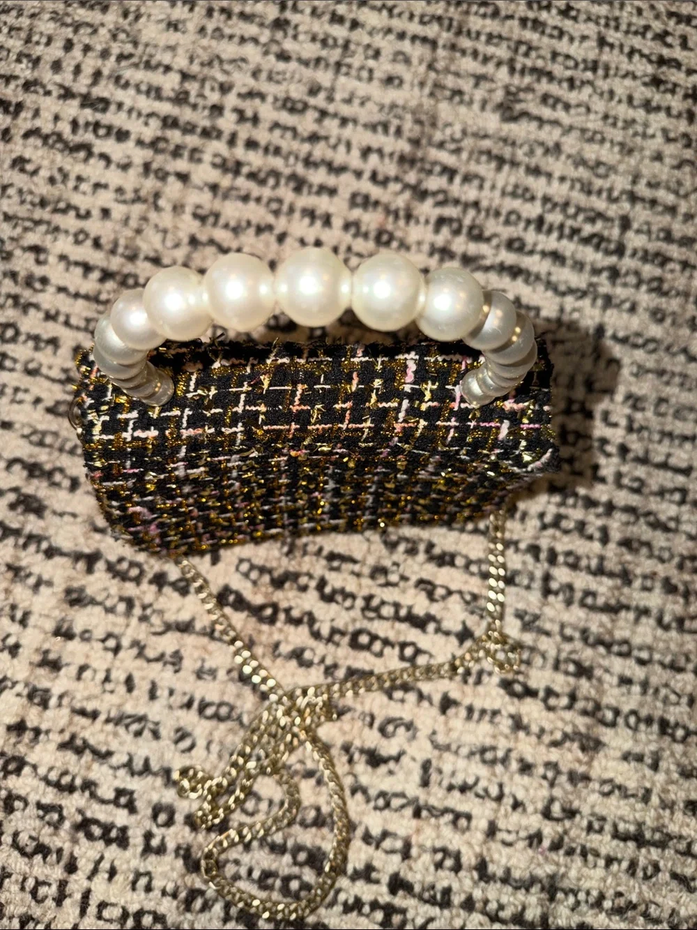 Black Multi Tweed Mini Bag with Pearl Handle